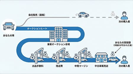 ディーラーと買取店の販路の違いを示す図